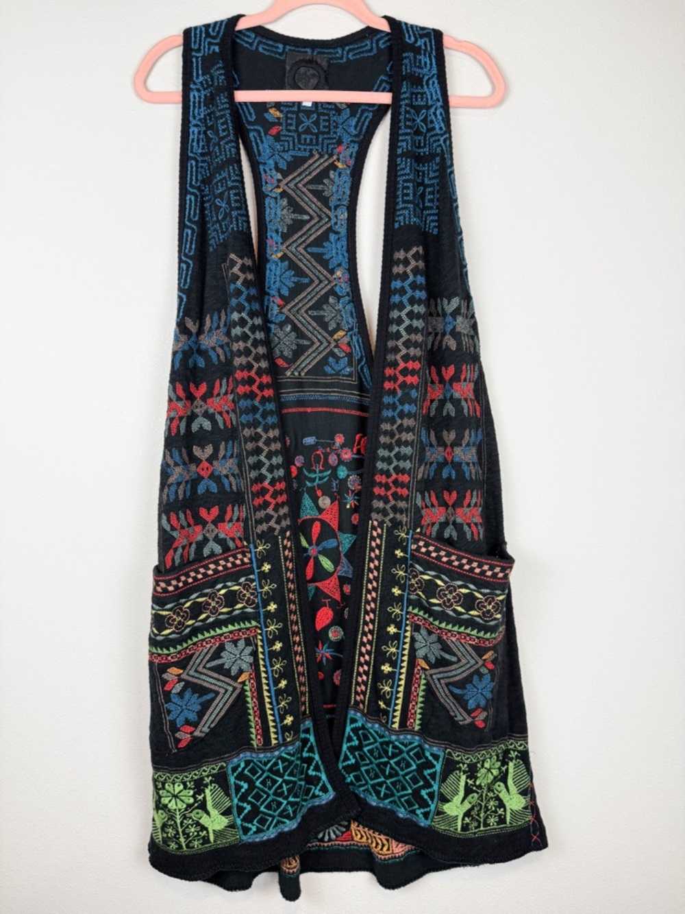Biya Johnny Was Black Embroidered Floral Long Vest Size XS